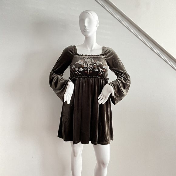 Miss Me Dress Olive Green Velvet Embroidered Bodice Bell Sleeve Mini S - Picture 10 of 12